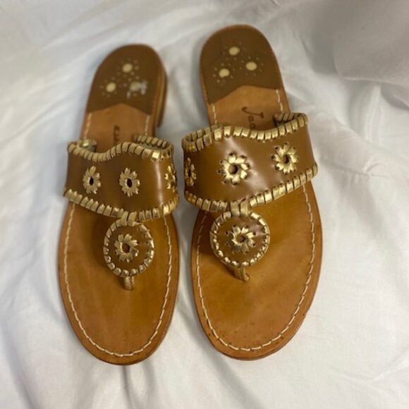 Jack Rogers Leather Sandal/Slide Flat Thong Gold and brown, size 8M - Picture 1 of 7